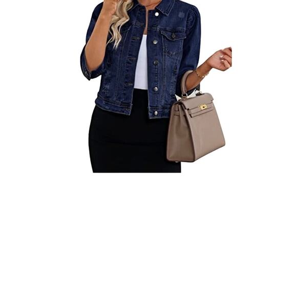 Vetinee Womens Jean Jacket Cropped Denim Jacket Stretchy 3/4 Puff Sleeve Pockets - Picture 11 of 12